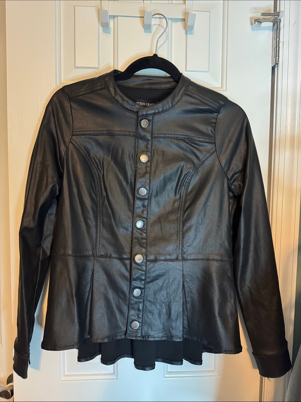 Susan Graver Black Coated Denim Peplum Jacket